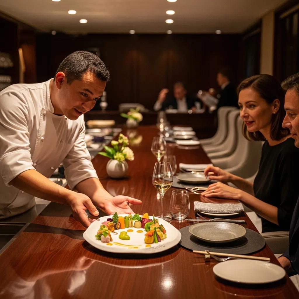 Chef presenting a beautifully arranged vegetarian omakase dish featuring vibrant seasonal vegetables and artistic garnishes to guests in an elegant fine dining setting.