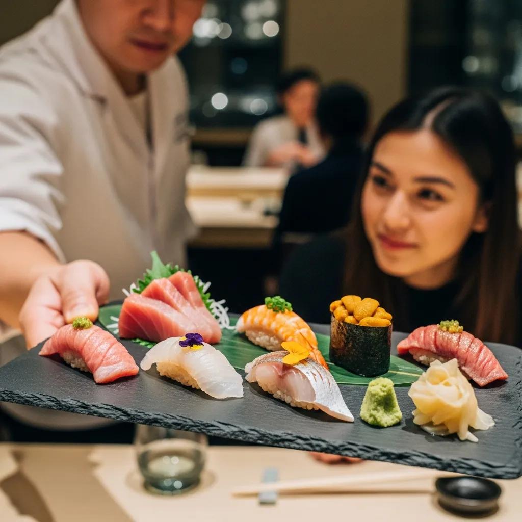 Chef presenting an intricately plated omakase sushi dish, featuring vibrant sashimi, garnishes, and a focused diner appreciating the mindful tasting experience in a fine dining setting.
