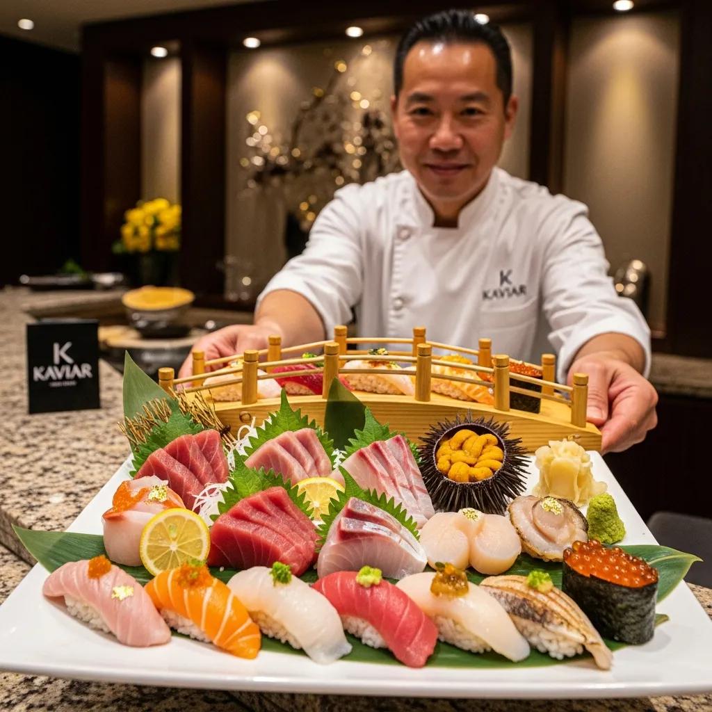 Chef presenting a seasonal omakase at Kaviar &mdash; nigiri, seafood, and curated courses showcased with care
