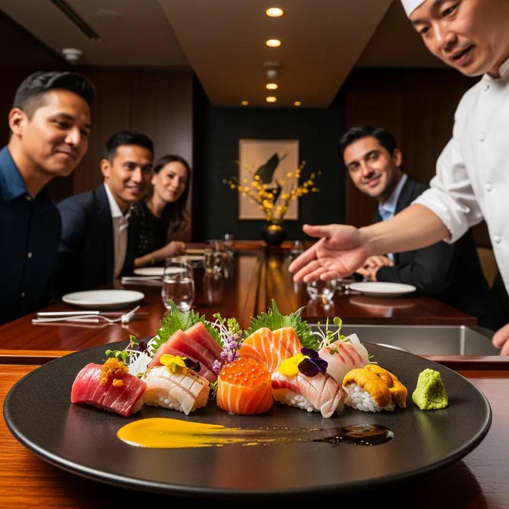 Chef presenting an omakase course at an intimate chef's table, illustrating an immersive dining moment