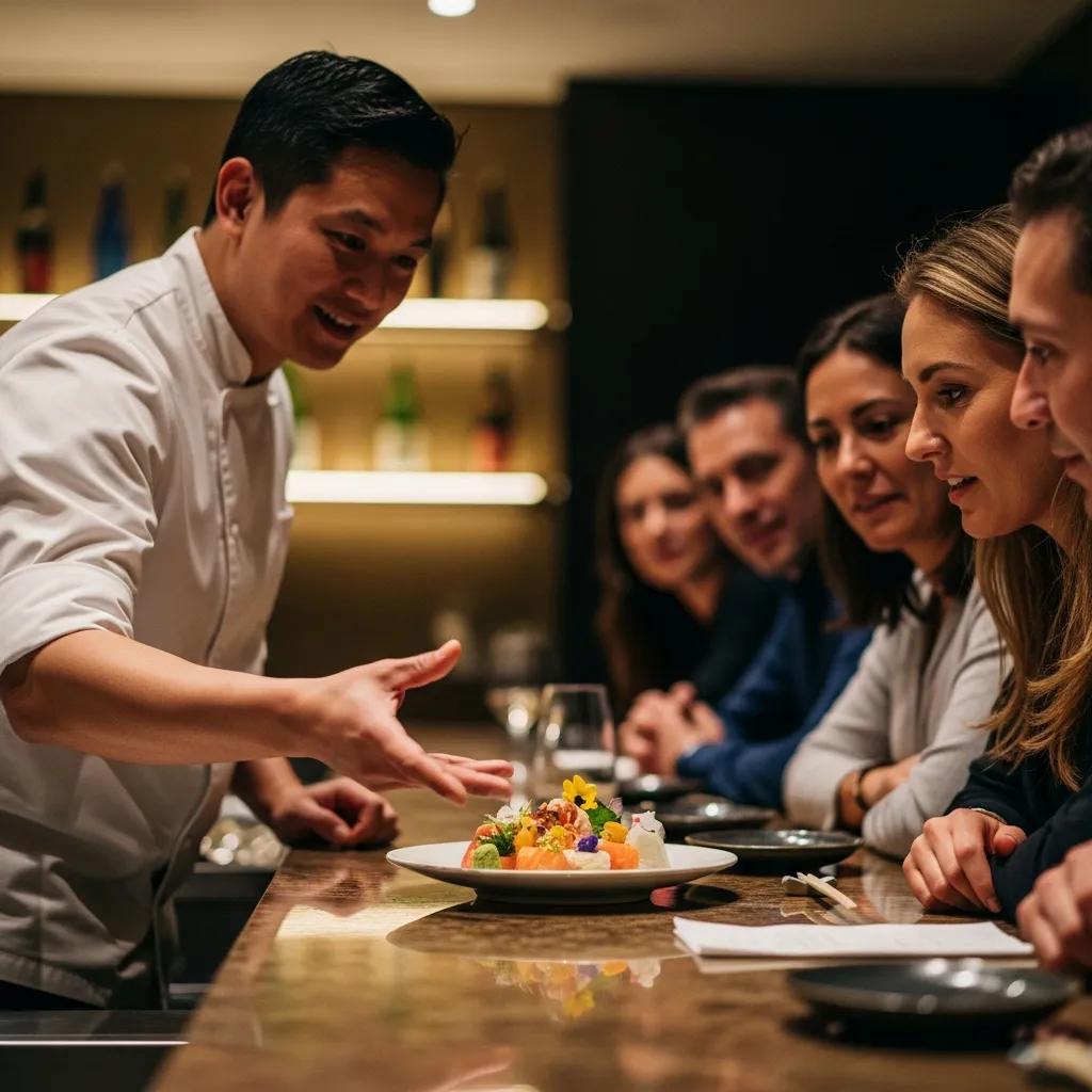 Chef presenting an omakase dish to engaged diners, showcasing culinary artistry and interaction in a fine dining setting at Kaviar Restaurants.