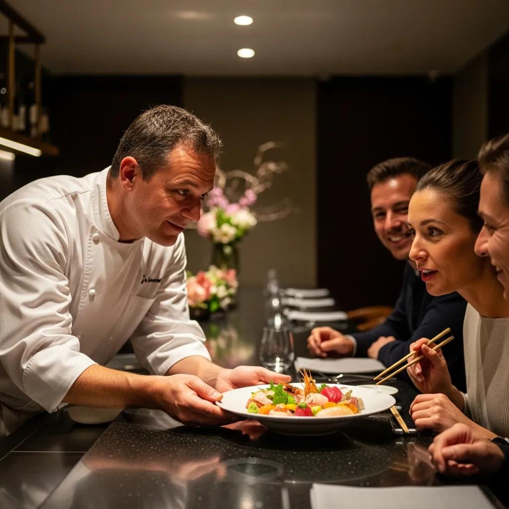 Chef presenting a plated omakase course to a small group at Kaviar, illustrating personalized interaction