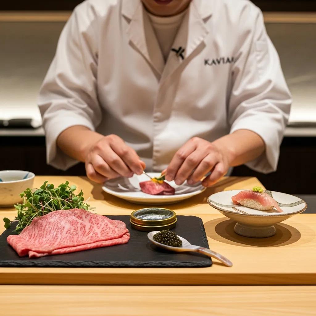Chef presenting a curated omakase featuring A5 Wagyu and caviar at Kaviar
