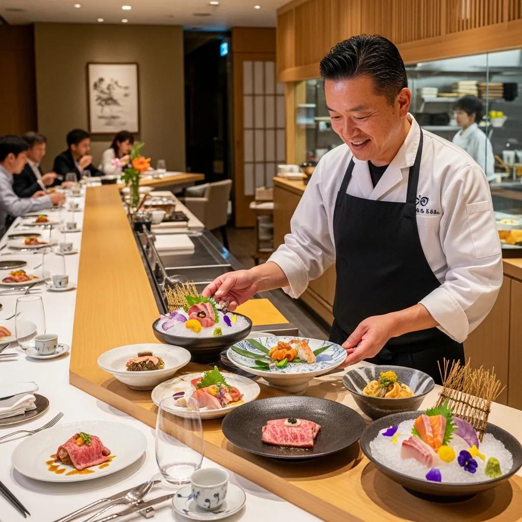 Chef presenting a curated omakase course featuring A5 Wagyu and caviar