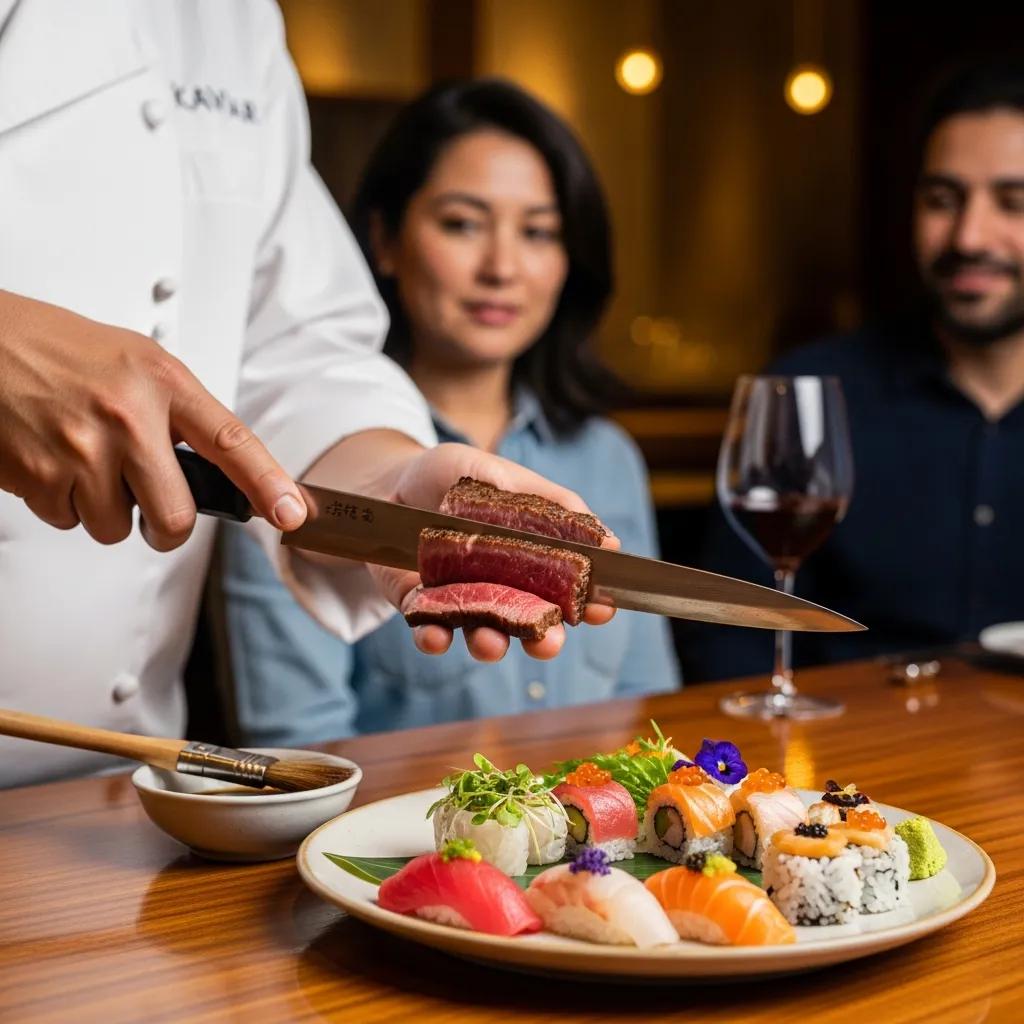 Chef presenting expertly sliced A5 Wagyu beef to guests, with an array of sushi and sashimi on a plate, highlighting Kaviar's omakase dining experience.