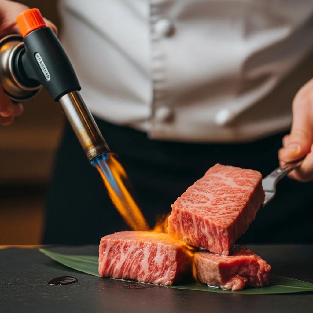 Chef searing A5 Wagyu at the table — a signature luxury moment