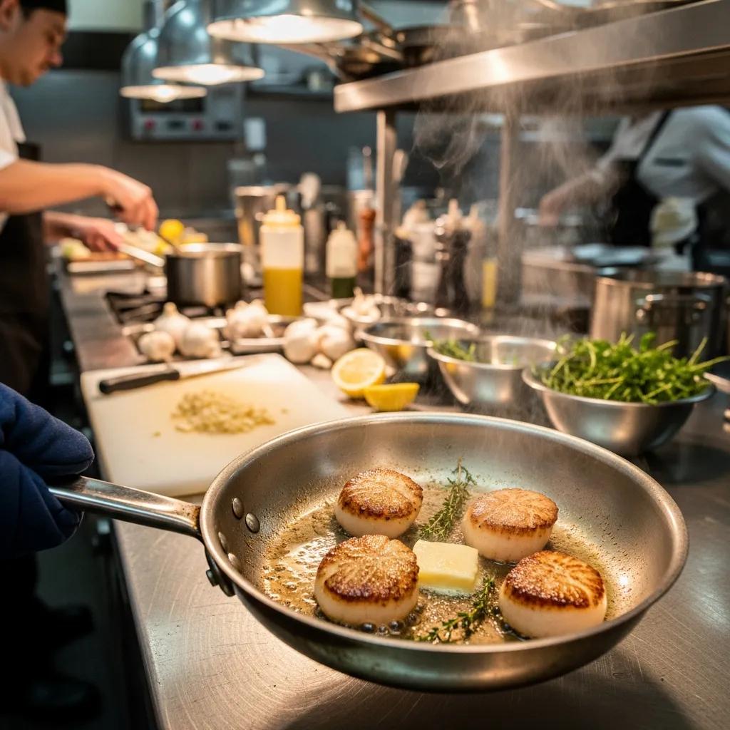 Chef searing scallops in a pan, showcasing a golden crust and cooking technique, with a kitchen setting featuring ingredients like garlic and lemon.