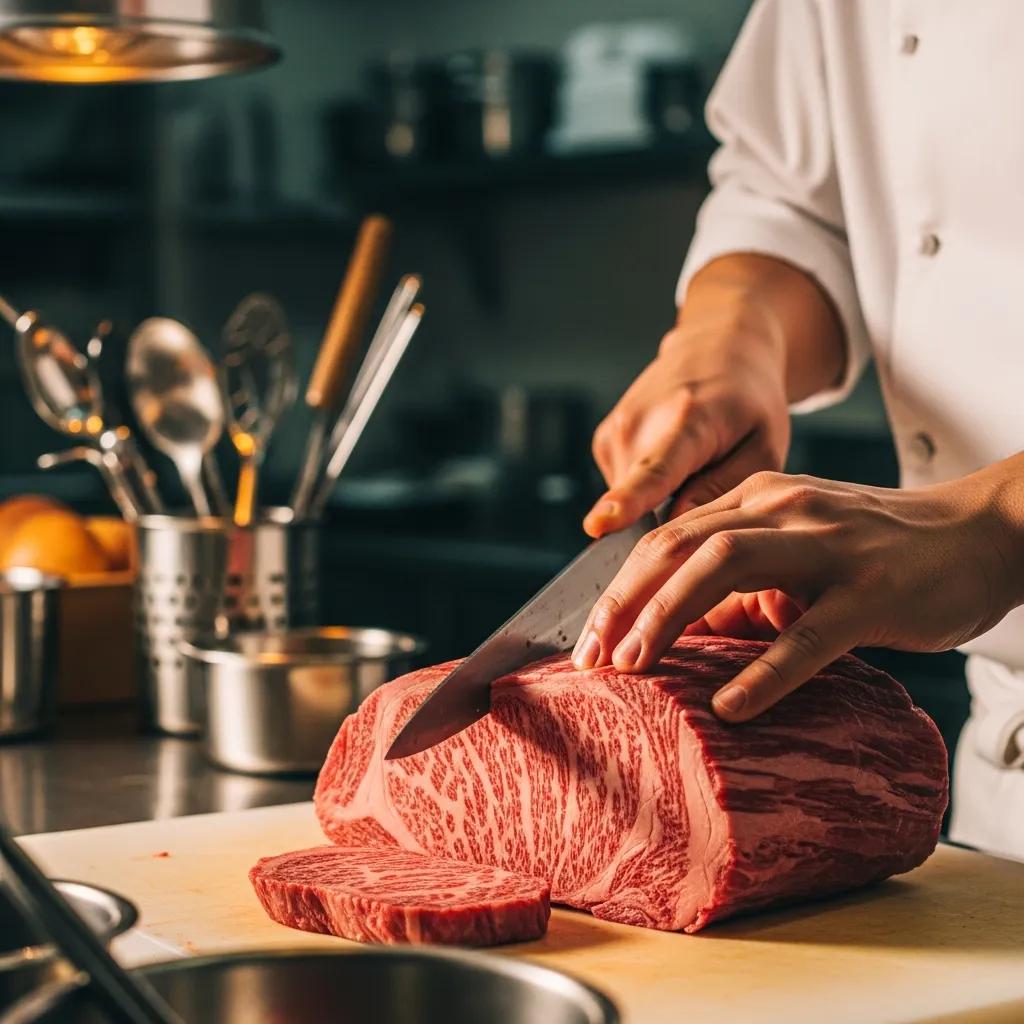 Chef slicing A5 Wagyu beef to highlight marbling and quality in a professional kitchen setting, with culinary tools and ingredients in the background.