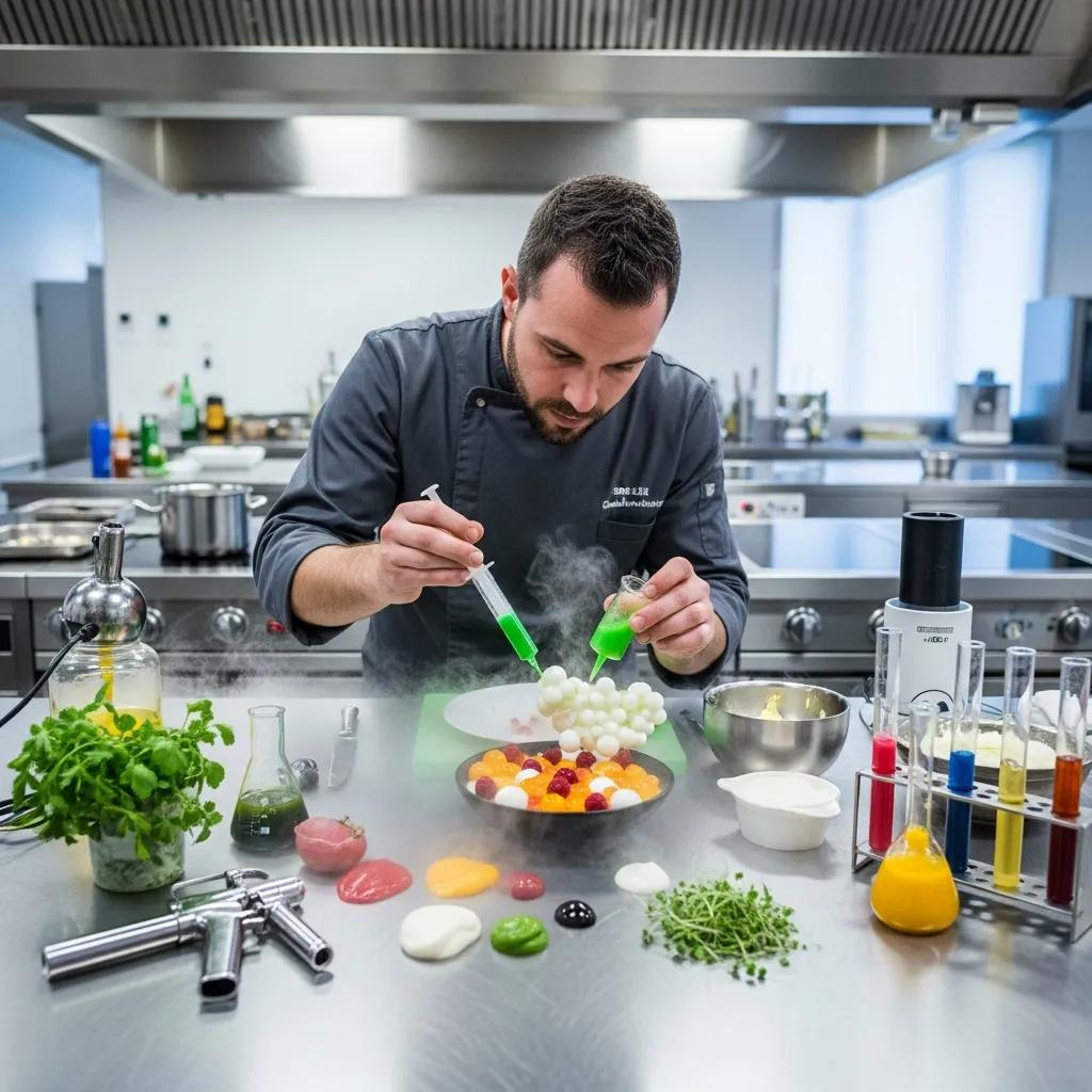 Chef arranging a modern dish using precision techniques to control texture and aroma