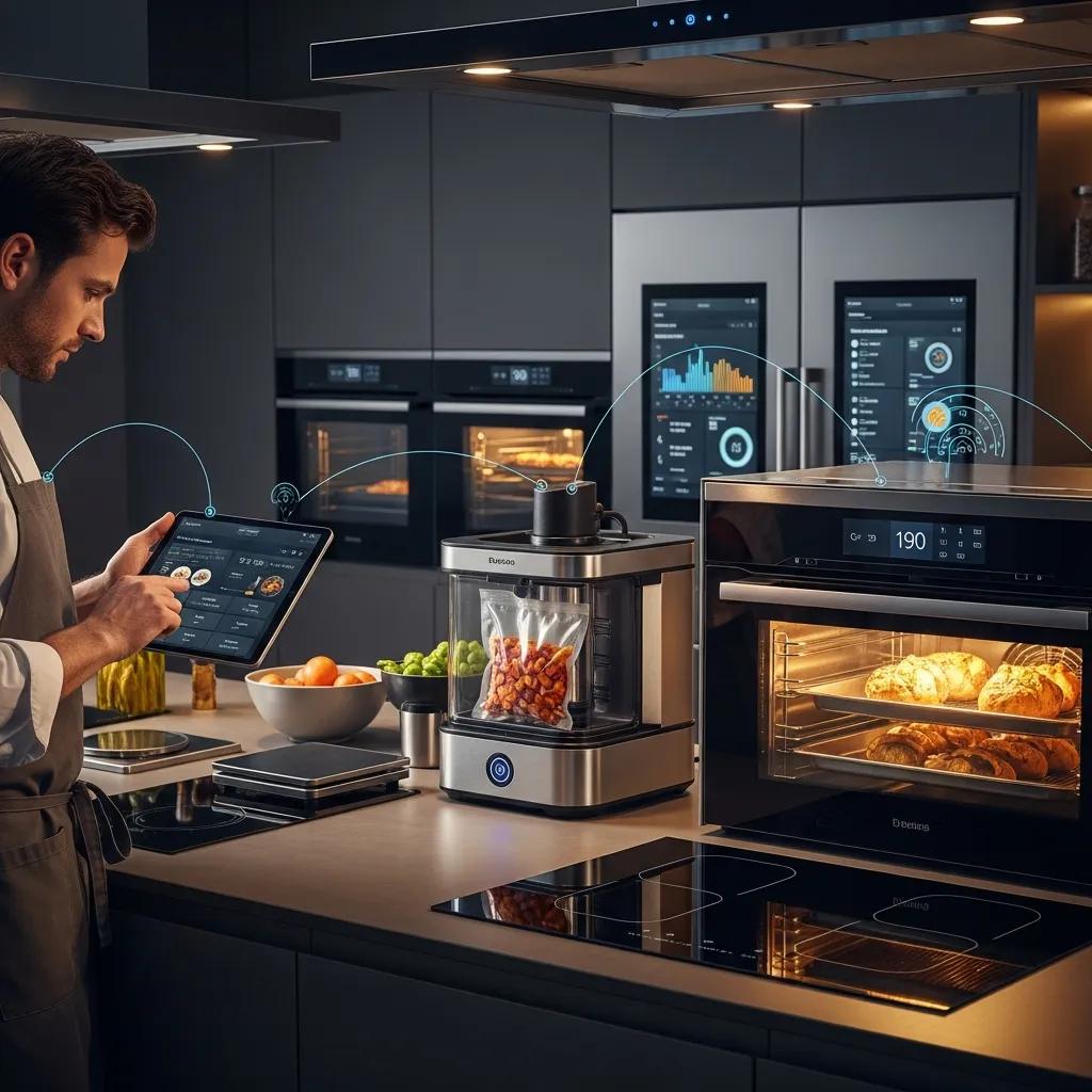 Chef checking IoT‑connected appliances on a tablet in a professional kitchen