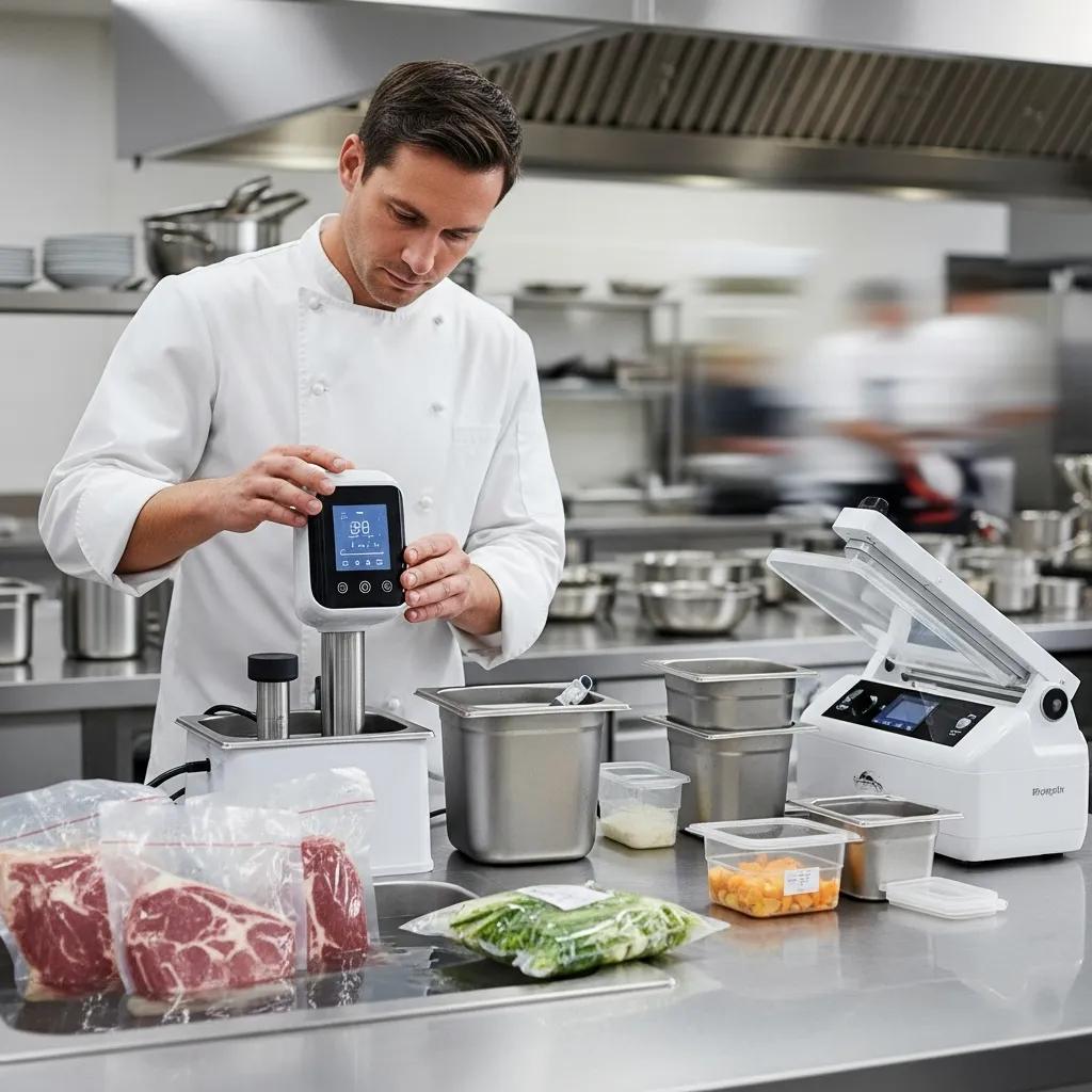 Chef using a precision immersion circulator for sous vide in a contemporary kitchen, illustrating key methods