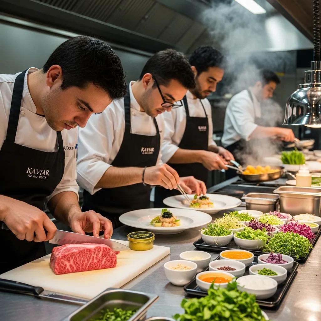 Chefs at Kaviar Restaurant preparing A5 Wagyu and Kaluga caviar, showcasing culinary excellence with premium ingredients and meticulous plating in a vibrant kitchen setting.
