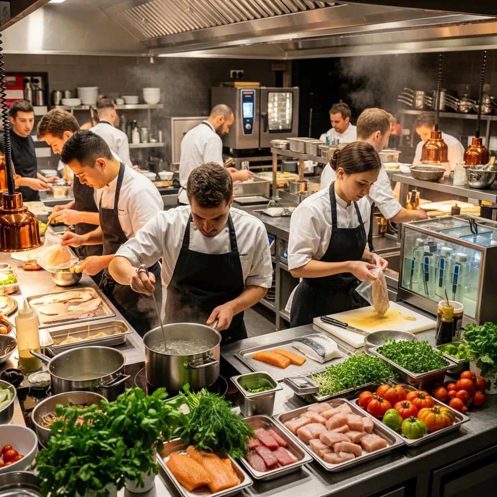 Chefs at Kaviar restaurant preparing dishes using traditional and modern culinary techniques, showcasing fresh ingredients like fish and herbs, amidst a bustling kitchen environment.