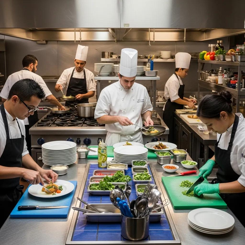 Chefs preparing allergy-conscious dishes using separate stations and dedicated tools