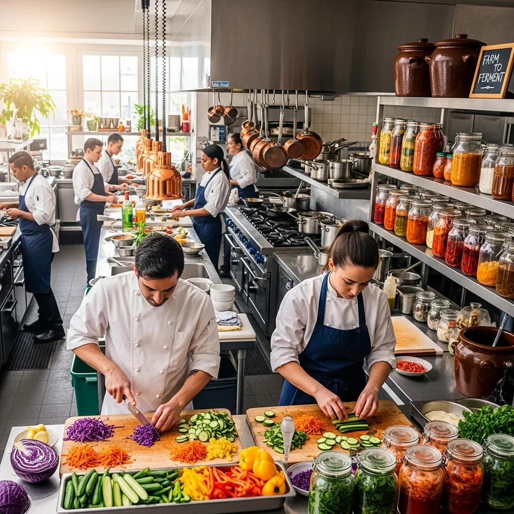 Chefs preparing vegetables for fermentation in a bustling kitchen, showcasing sustainable practices in fine dining with colorful ingredients and jars of preserved foods.
