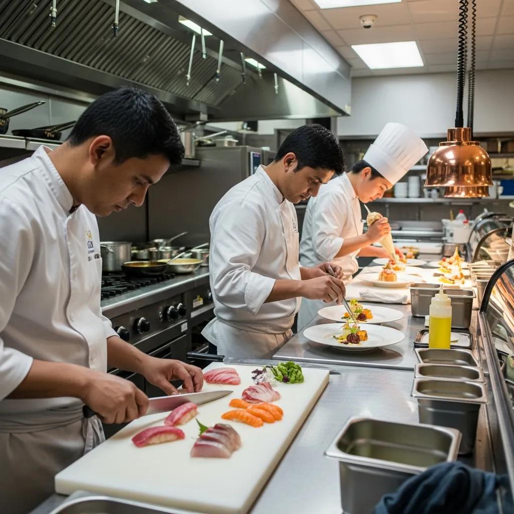 Chefs in Kaviar Restaurants' kitchen expertly preparing high-quality sushi and plated dishes, showcasing teamwork and precision in a refined dining environment.