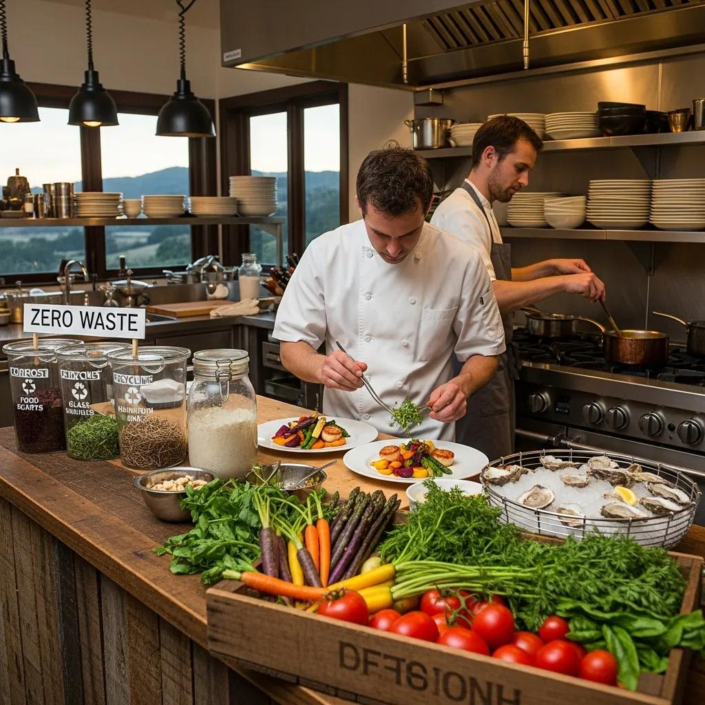 Chefs preparing seasonal ingredients in a sustainable fine dining kitchen, emphasizing zero waste practices and ethical sourcing, with fresh vegetables and seafood prominently displayed.
