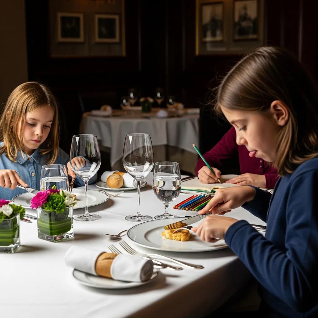 Children sitting attentively at a fine dining table, demonstrating polite dining behavior