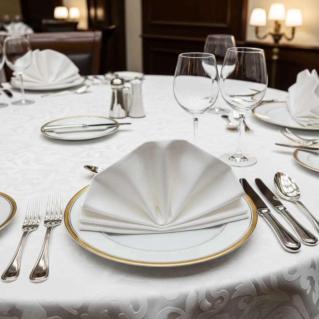 Close-up of an elegantly set dining table featuring proper utensil arrangement and a folded napkin, emphasizing business dining etiquette for corporate dinners in a luxury setting.