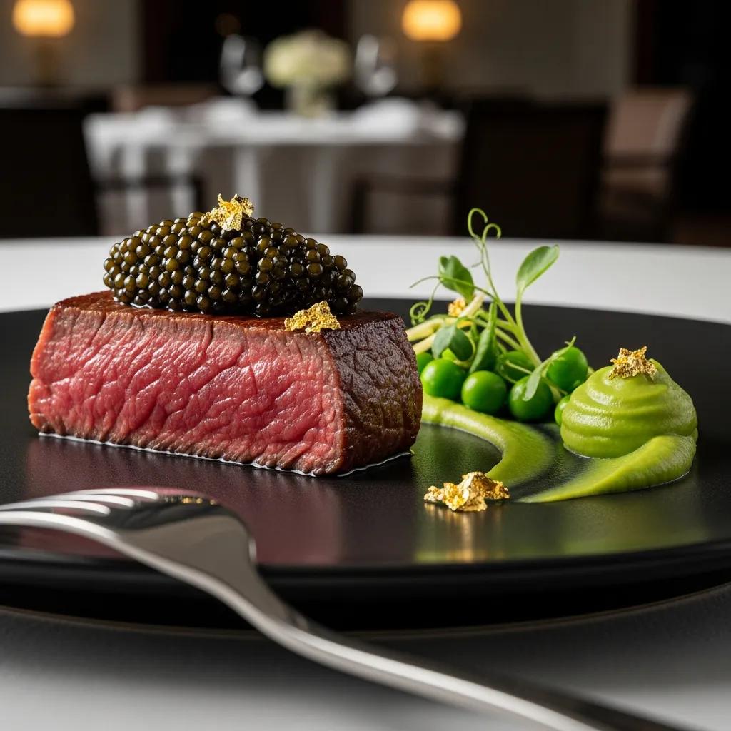 Close-up of A5 Wagyu and caviar plated to showcase Kaviar Restaurant's refined culinary approach