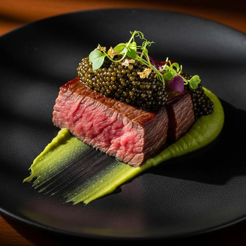 Close-up of A5 Wagyu finished with caviar, highlighting umami and elegant presentation