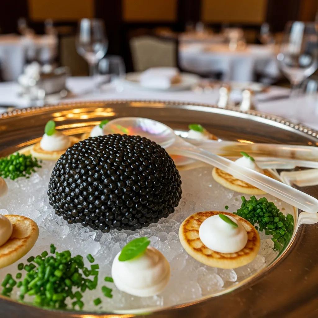 Close‑up of Kaluga caviar on a mother‑of‑pearl spoon, showing the pearl‑like gleam and refined presentation