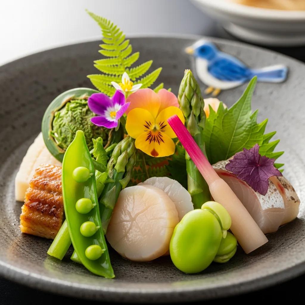 Close-up of a seasonal kaiseki dish featuring vibrant vegetables, delicate seafood, edible flowers, and artistic presentation, highlighting the principles of seasonality and balance in Japanese dining.
