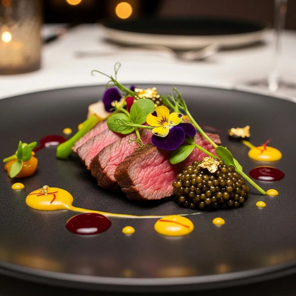 Close-up of an A5 Wagyu course finished with caviar, presented at Kaviar