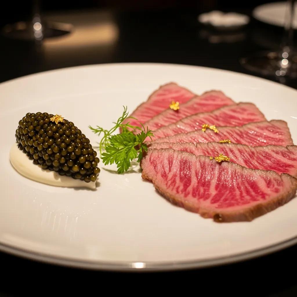 Close-up of A5 Wagyu and caviar plated to show premium ingredients