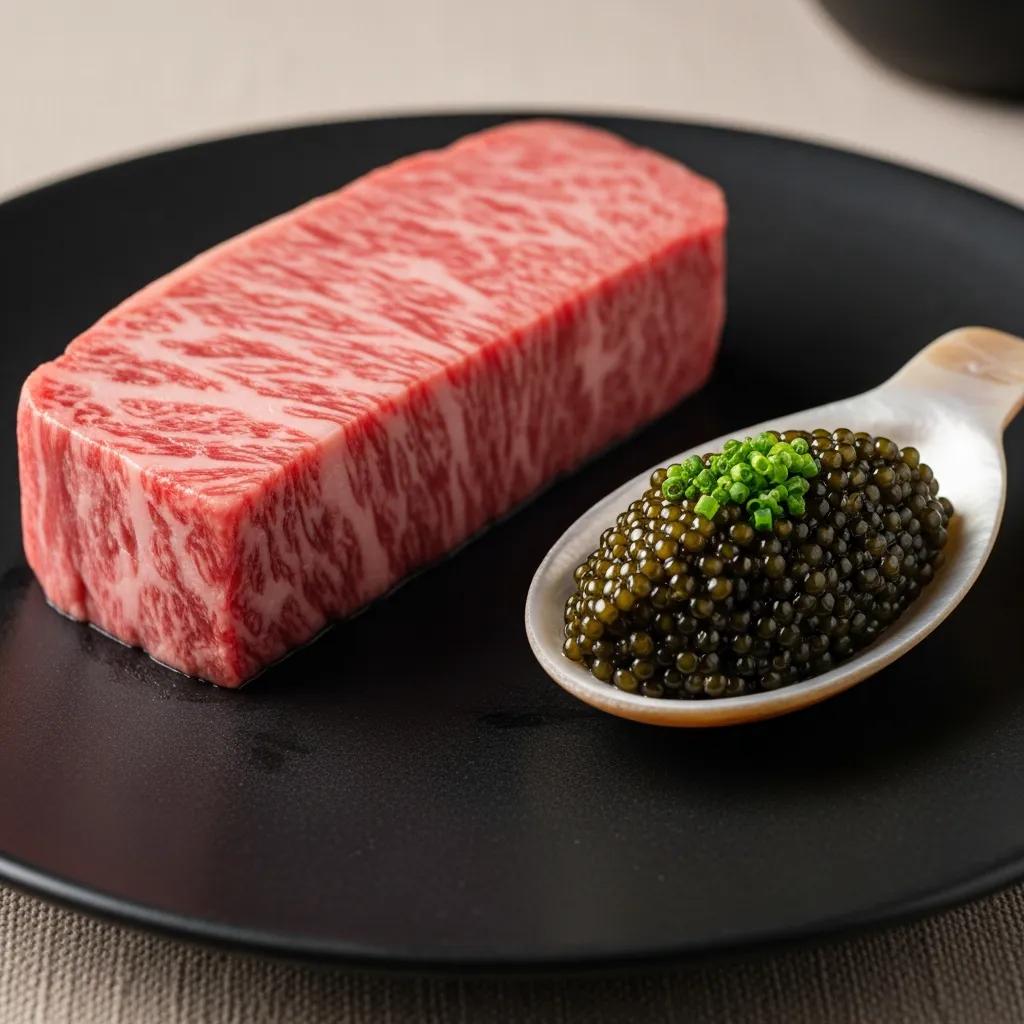 Close-up of A5 Wagyu and caviar showing their visual qualities