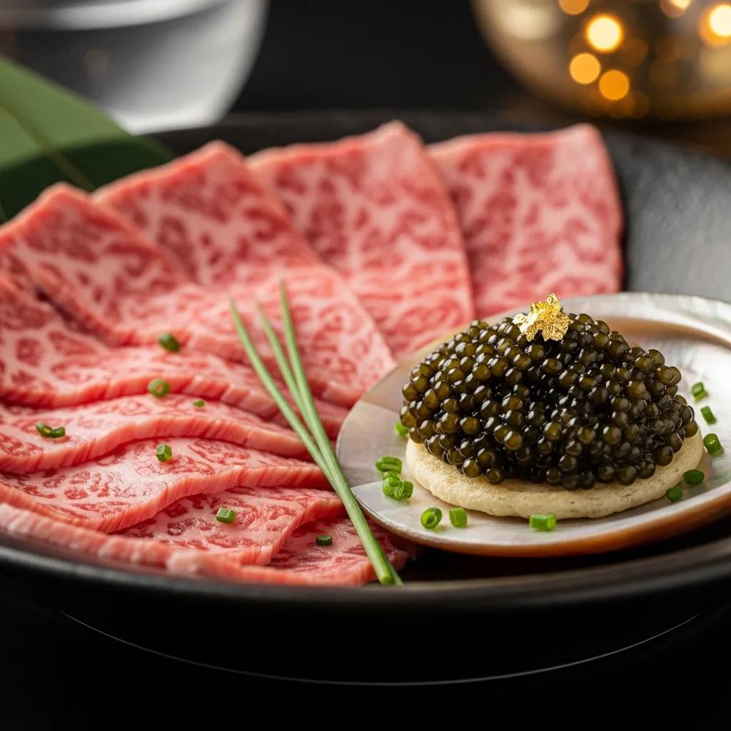 Close-up of A5 Wagyu and caviar presented on minimalist serving pieces, showing premium picnic ingredients