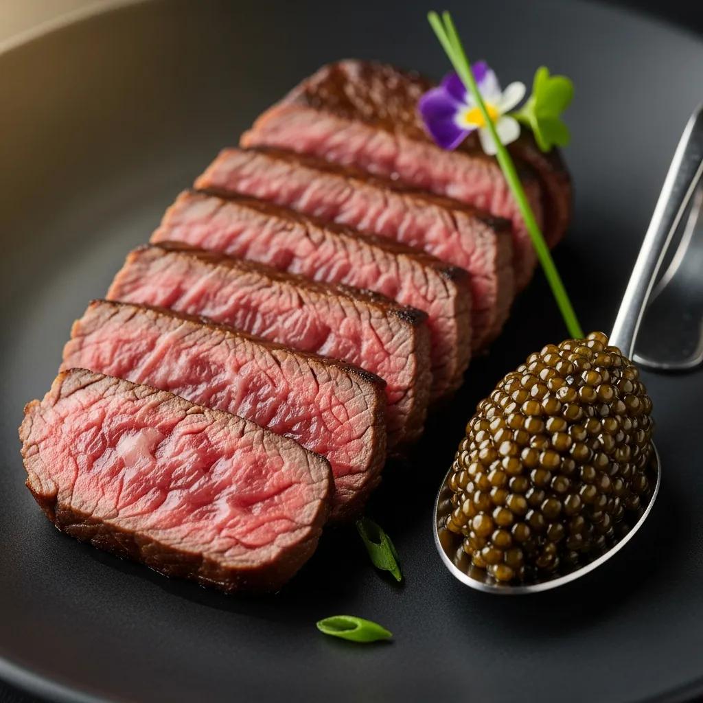Close-up of A5 Wagyu and Kaluga caviar showcasing texture and quality in a refined presentation