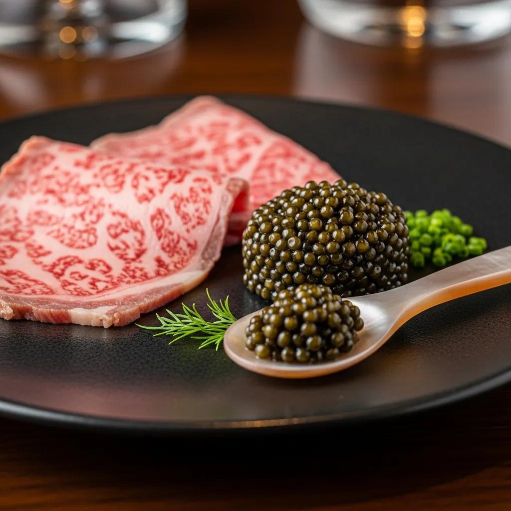 A5 Wagyu beef slices and caviar on a black plate, showcasing premium ingredients for mindful tasting, emphasizing texture and flavor contrasts.