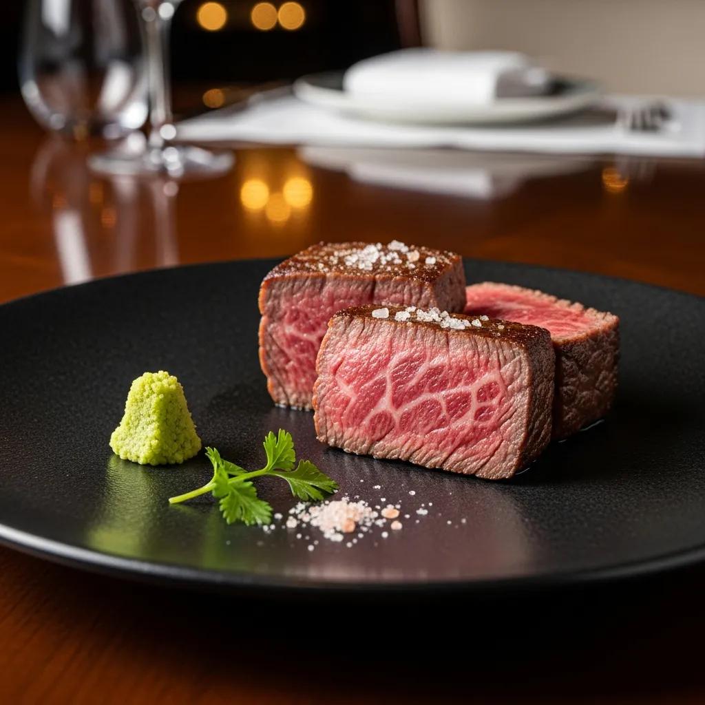 Close-up of A5 Wagyu showing fine marbling and texture in a refined presentation