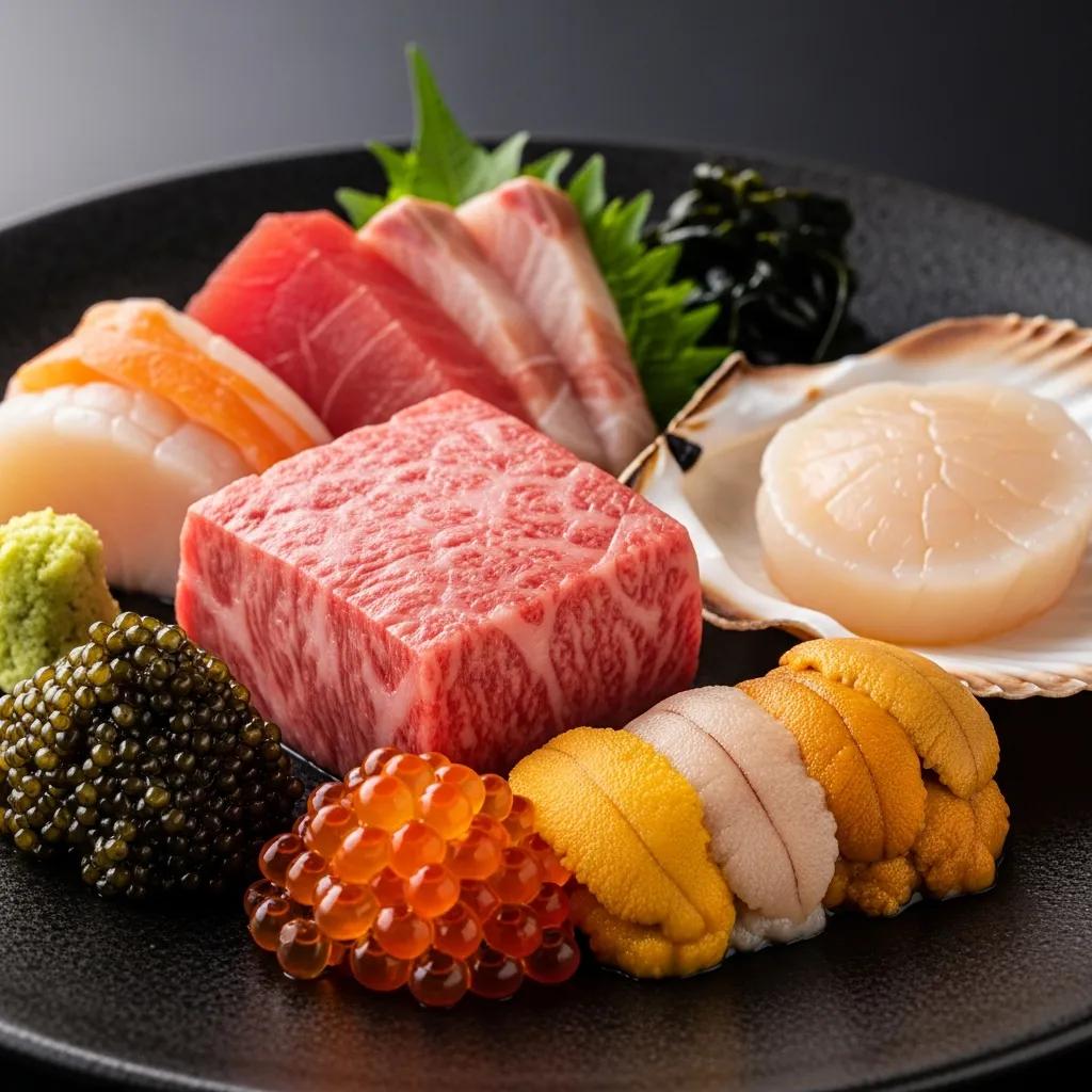 A5 Wagyu, caviar, and seasonal seafood artfully arranged to highlight premium ingredients