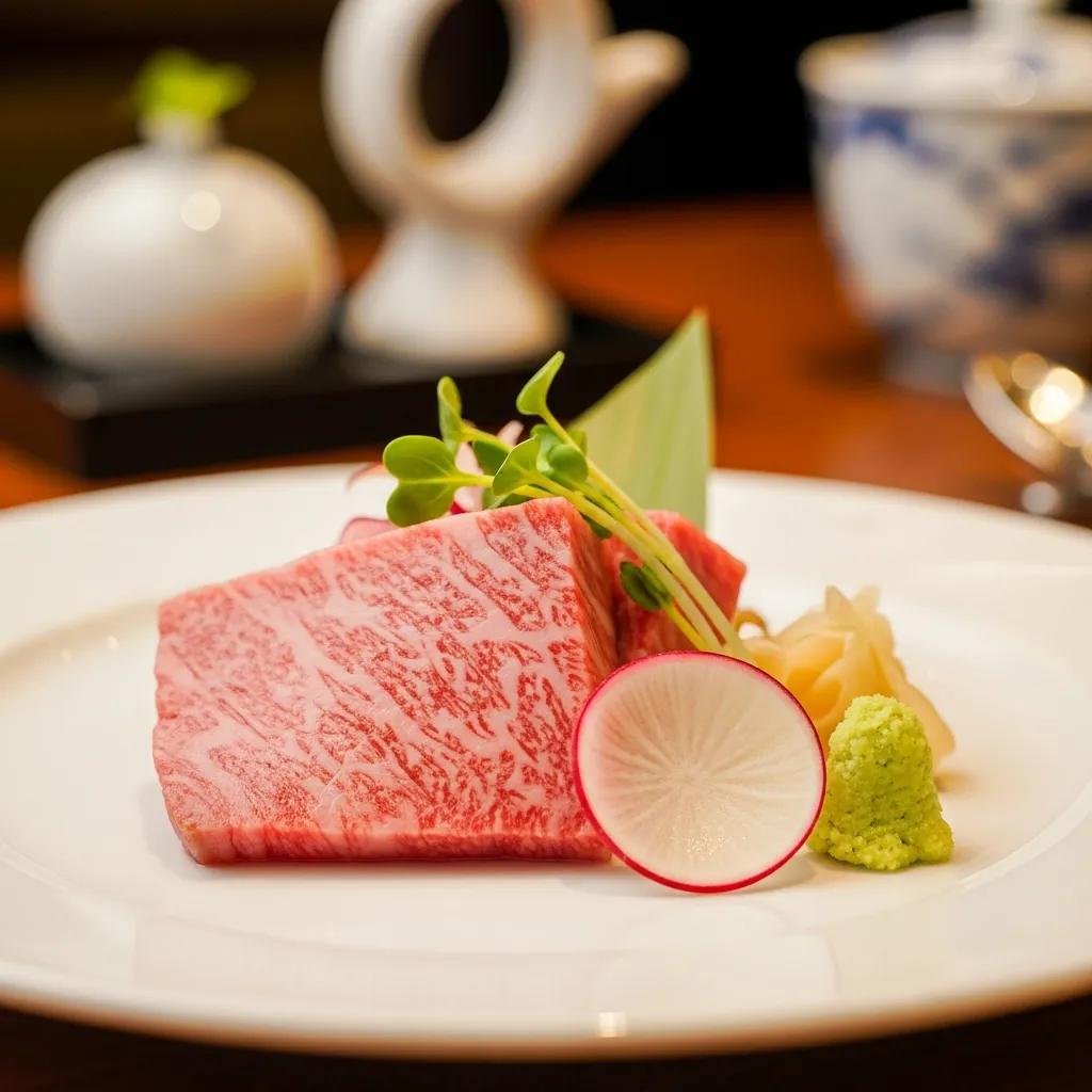 Close-up of A5 Wagyu &mdash; artful plating and garnish