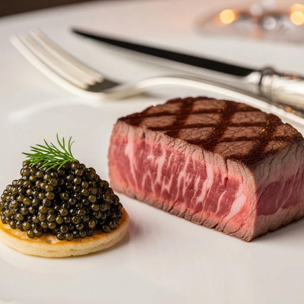Close‑up of A5 Wagyu and caviar highlighting premium marbling and delicate roe