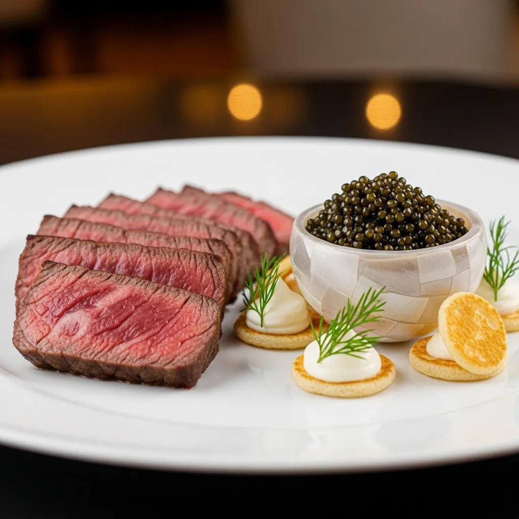 A5 Wagyu steak slices beside Kaluga caviar in an elegant presentation, garnished with dill and served on delicate blinis, highlighting luxury dining at Kaviar Restaurants.