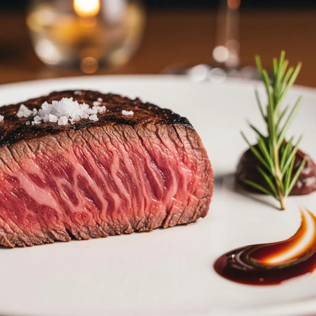 Close-up of A5 Wagyu showing fine marbling and refined plating