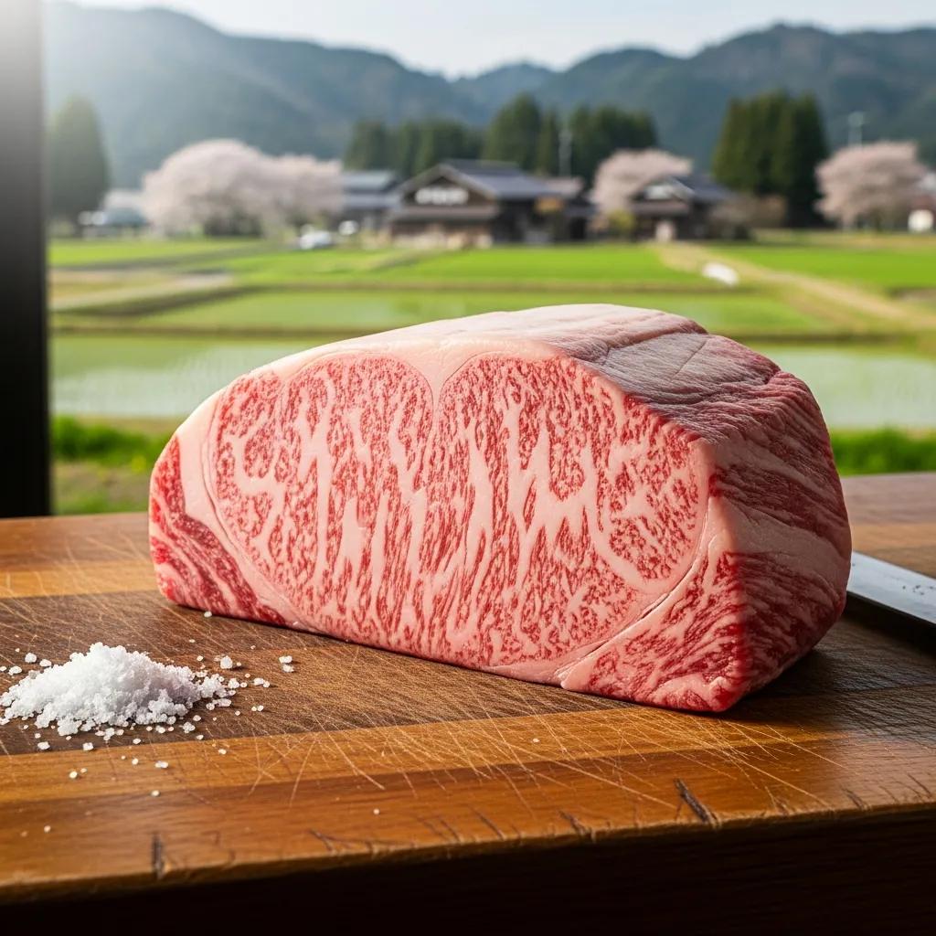 Close-up of Miyazaki A5 Wagyu showing fine marbling, with a subtle pastoral backdrop
