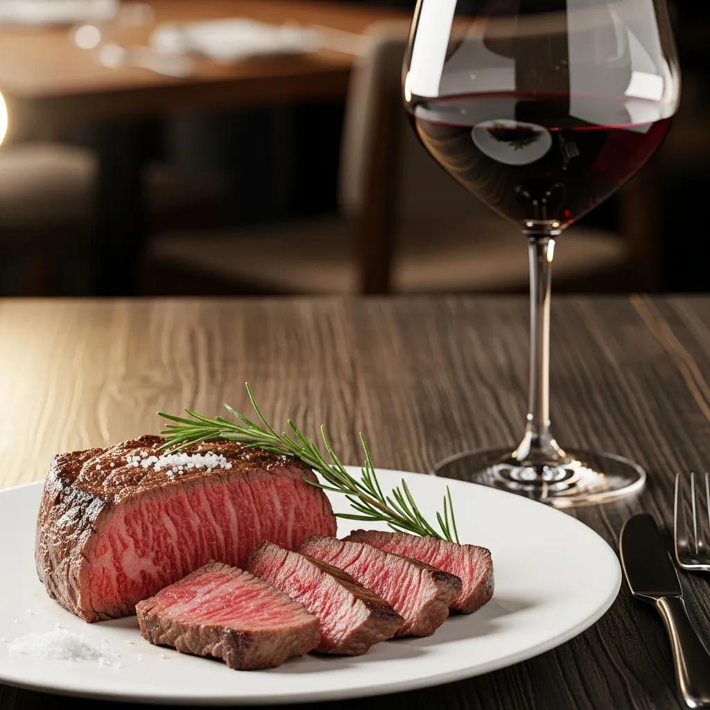 Close-up of A5 Wagyu with a glass of red — ideal wine matches for premium beef