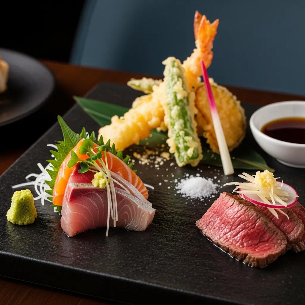 Close-up of an omakase dish featuring delicate sashimi, crispy tempura, and A5 Wagyu, highlighting textural contrasts in Japanese cuisine, with wasabi and garnishes on a black plate.