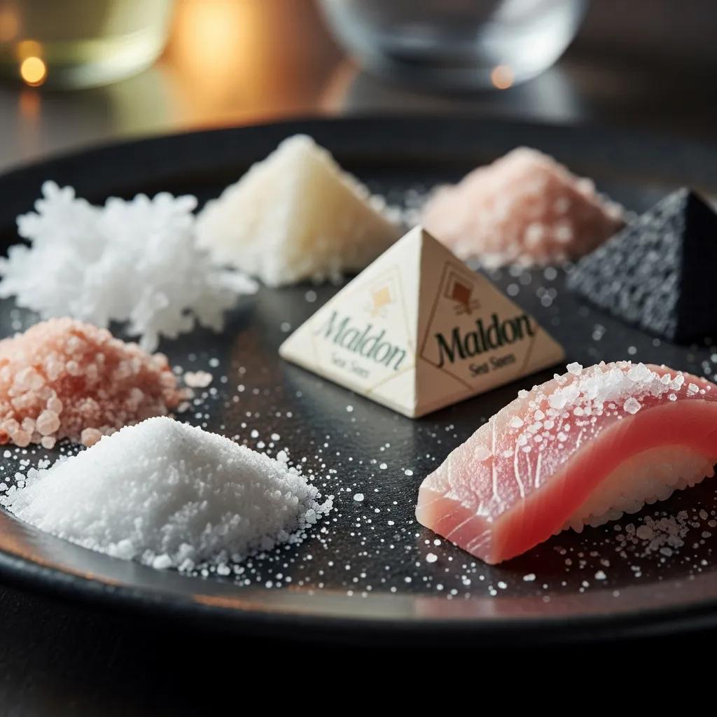 Close-up of artisan salts — fleur de sel and Maldon — on a piece of sashimi, showing crystal texture and usage