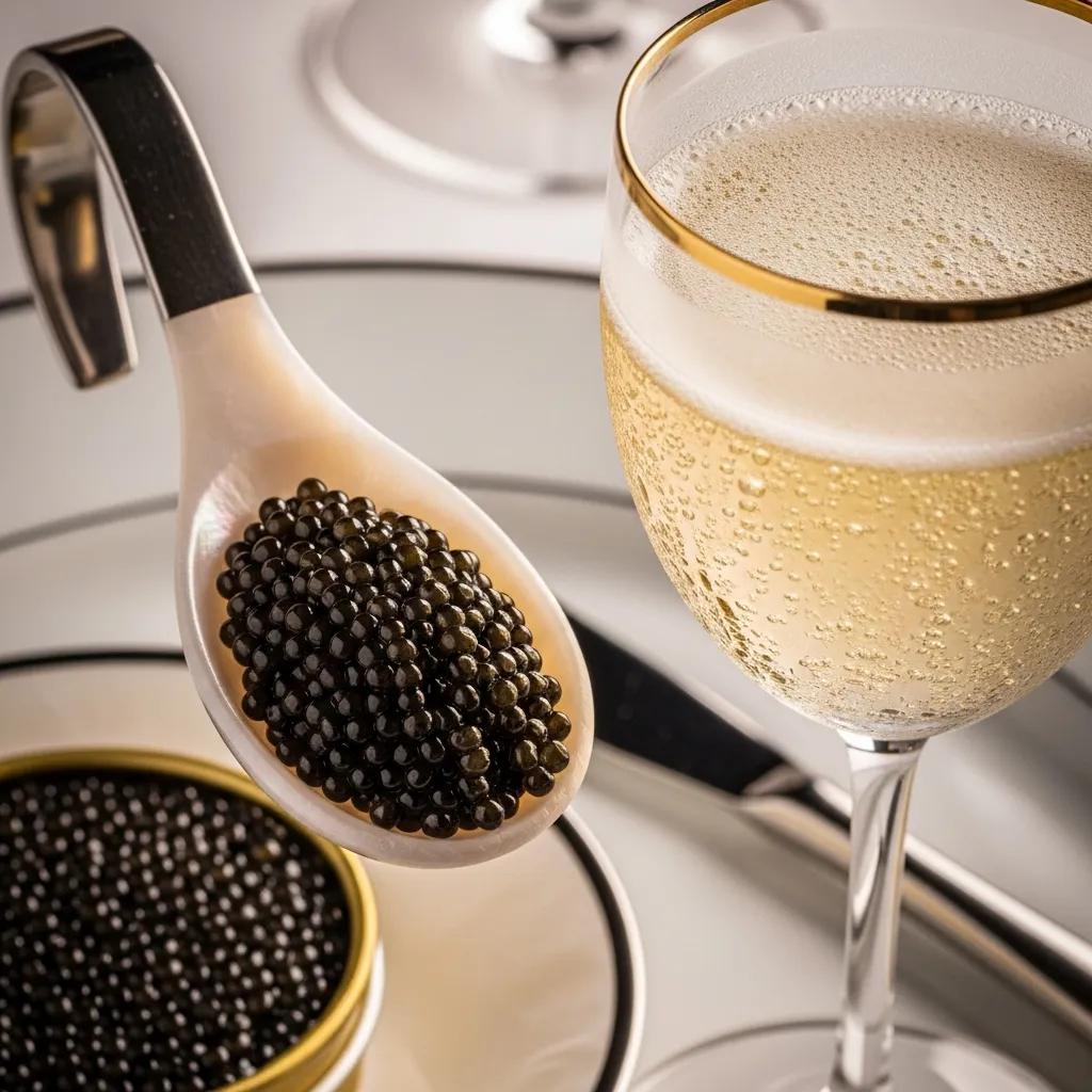 Kaluga caviar served with a flute of sparkling wine, illustrating classic pairing technique