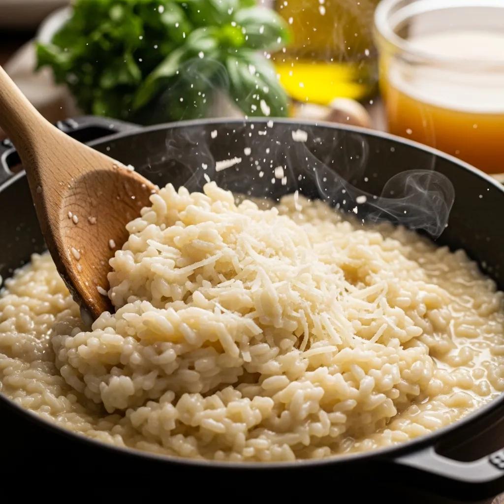 Creamy risotto being stirred in a pot, showcasing a glossy texture with grated cheese, emphasizing preparation techniques for pairing with seared scallops.