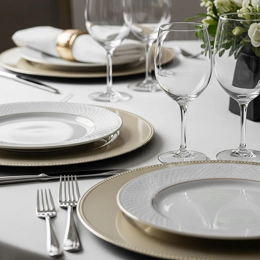Elegant table setting featuring layered charger plates, fine china dinner plates, and crystal glassware, emphasizing refined dining aesthetics for memorable gatherings.