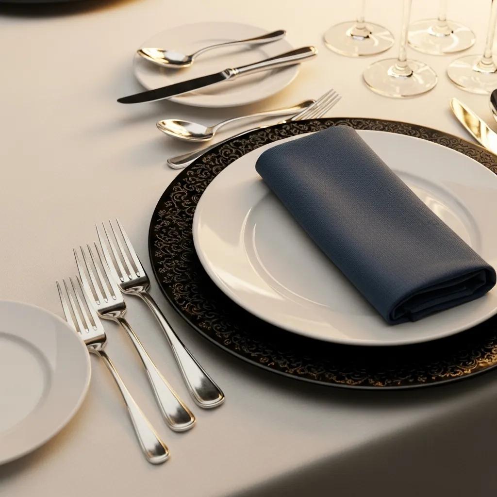 Formal dining table setting with charger plate, white dinner plate, folded navy napkin, and polished silverware arranged according to etiquette guidelines for fine dining.