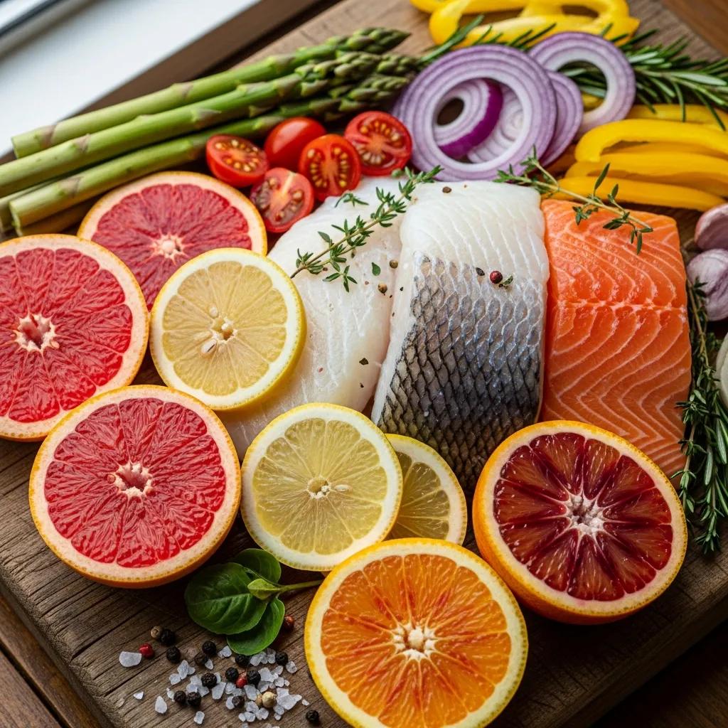 Close-up of fresh seasonal ingredients including vibrant citrus fruits, various fish fillets, asparagus, cherry tomatoes, and herbs, emphasizing the impact of freshness on flavor and presentation in fine dining.