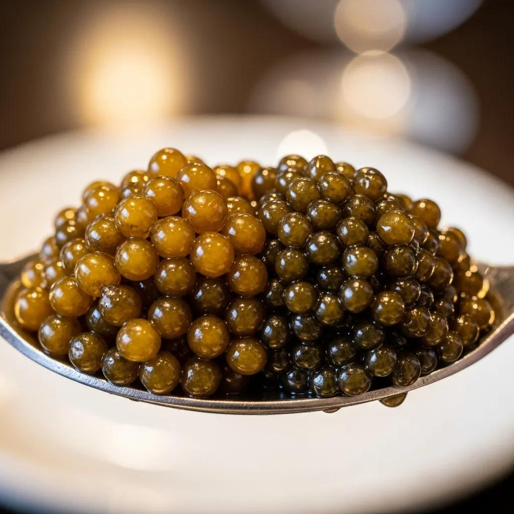 Close-up comparison of Grade 1 and Grade 2 caviar on tasting spoons, showing subtle quality differences