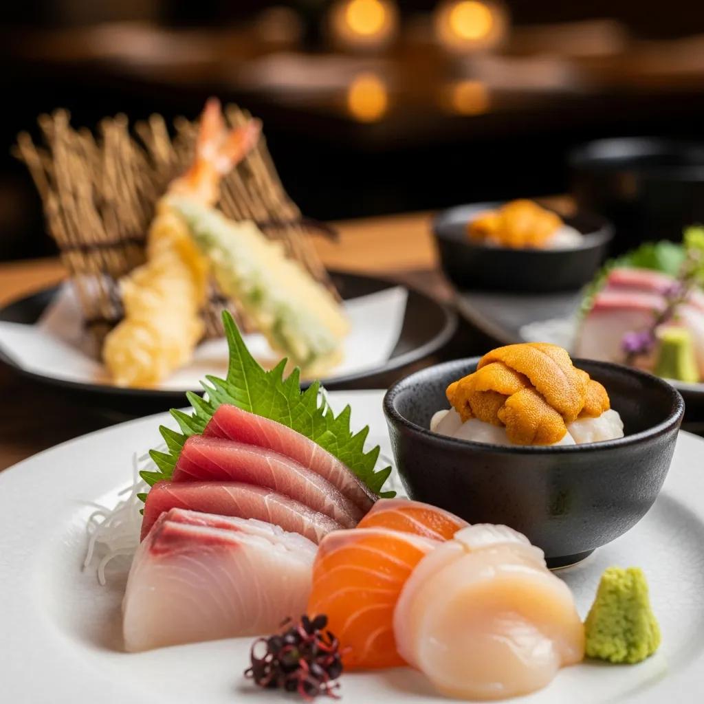 Close-up of Japanese fine dining elements featuring silky sashimi, custardy uni in a black bowl, delicate tempura, and vibrant garnishes, emphasizing texture and flavor complexity.